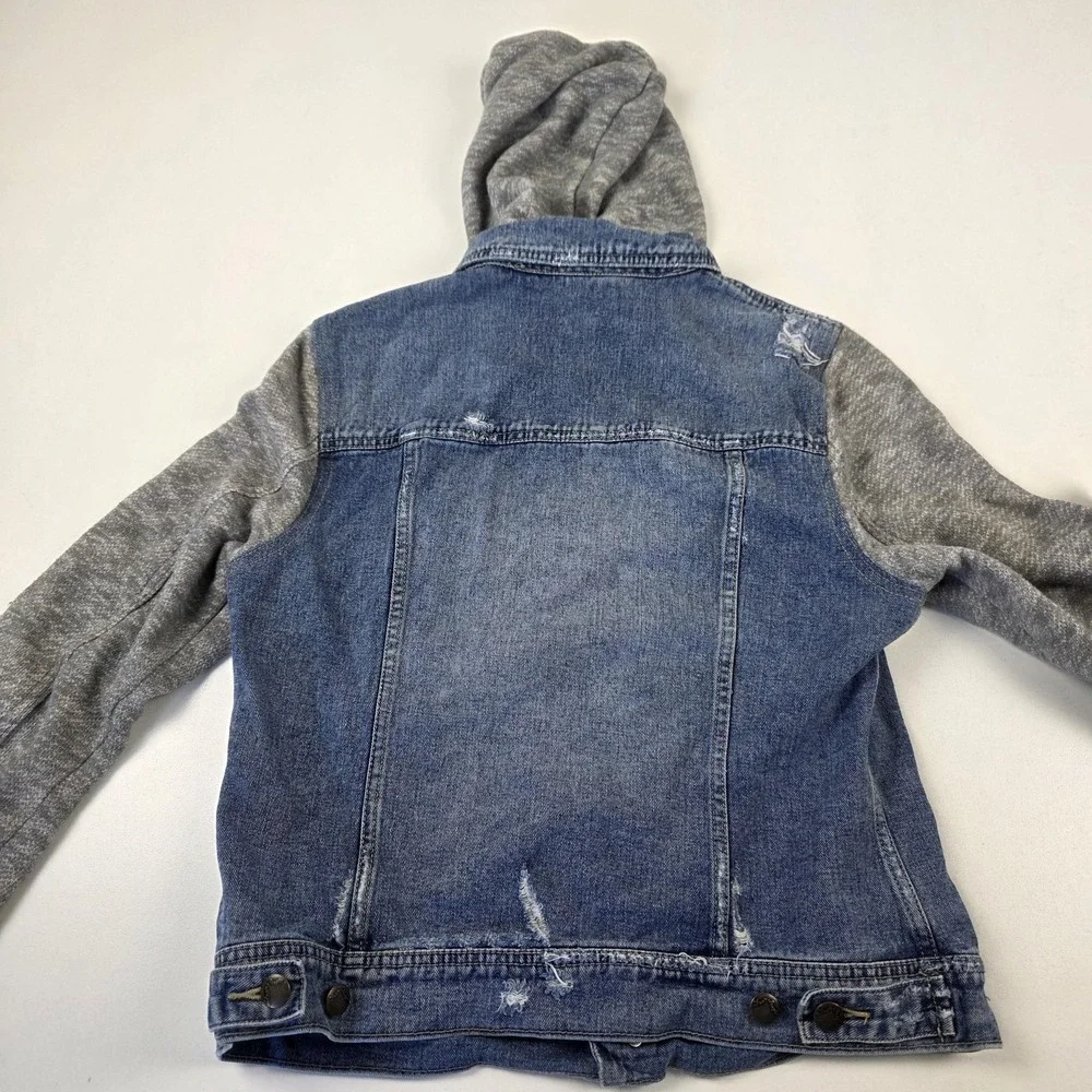 Free People Jacket Womens Large Blue Denim Hooded Sweatshirt Sleeve Button Front - Picture 10 of 13